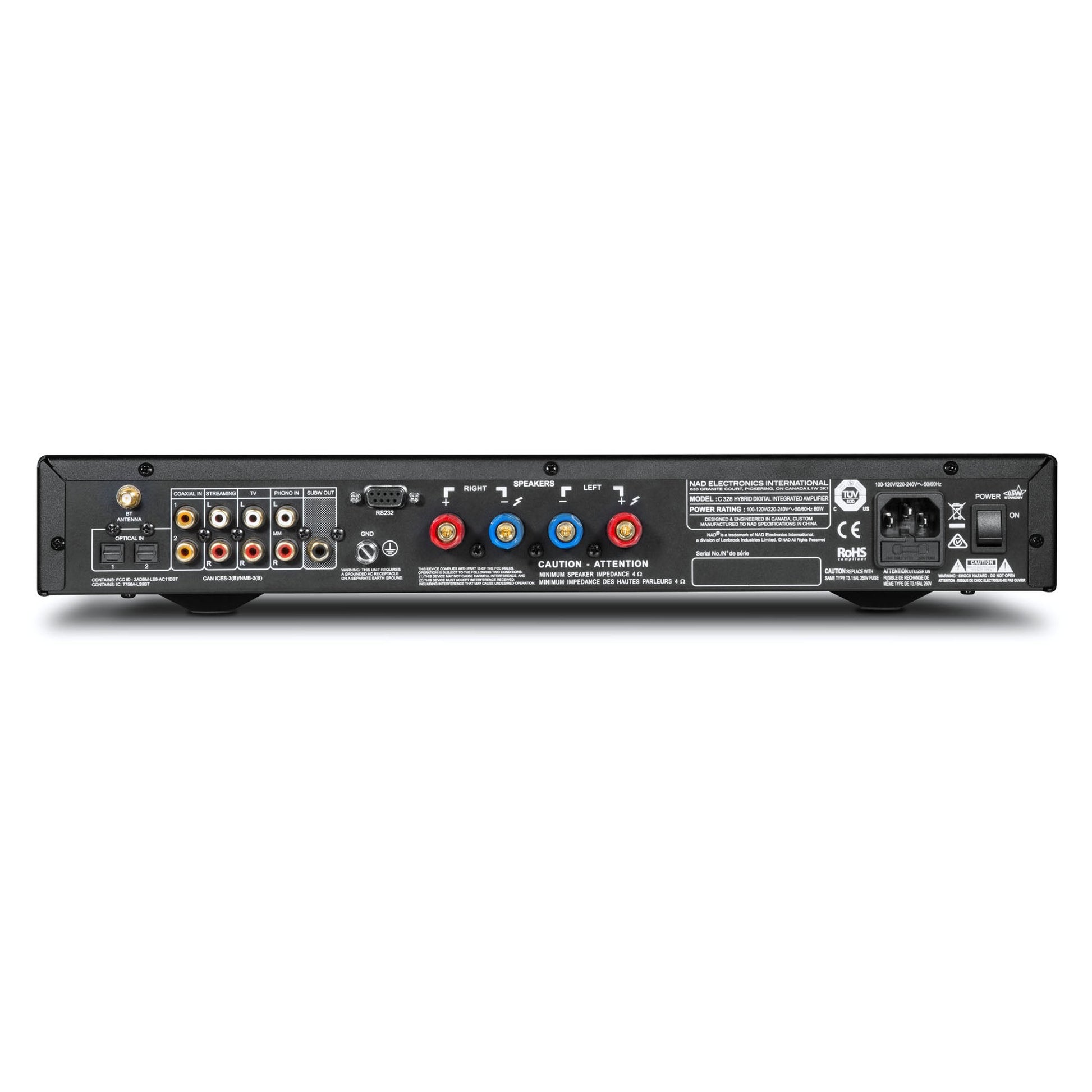 NAD C328 Stereo-Vollverstärker Rückansicht mit Phono-Eingang, Cinch-Anschlüssen und Lautsprecherklemmen