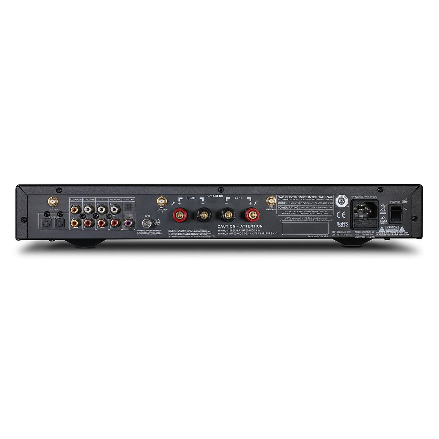 NAD C338 Streaming-Vollverstärker mit Phono Rückansicht mit Phono-Eingang, Lautsprecherterminals und WLAN-Antennen
