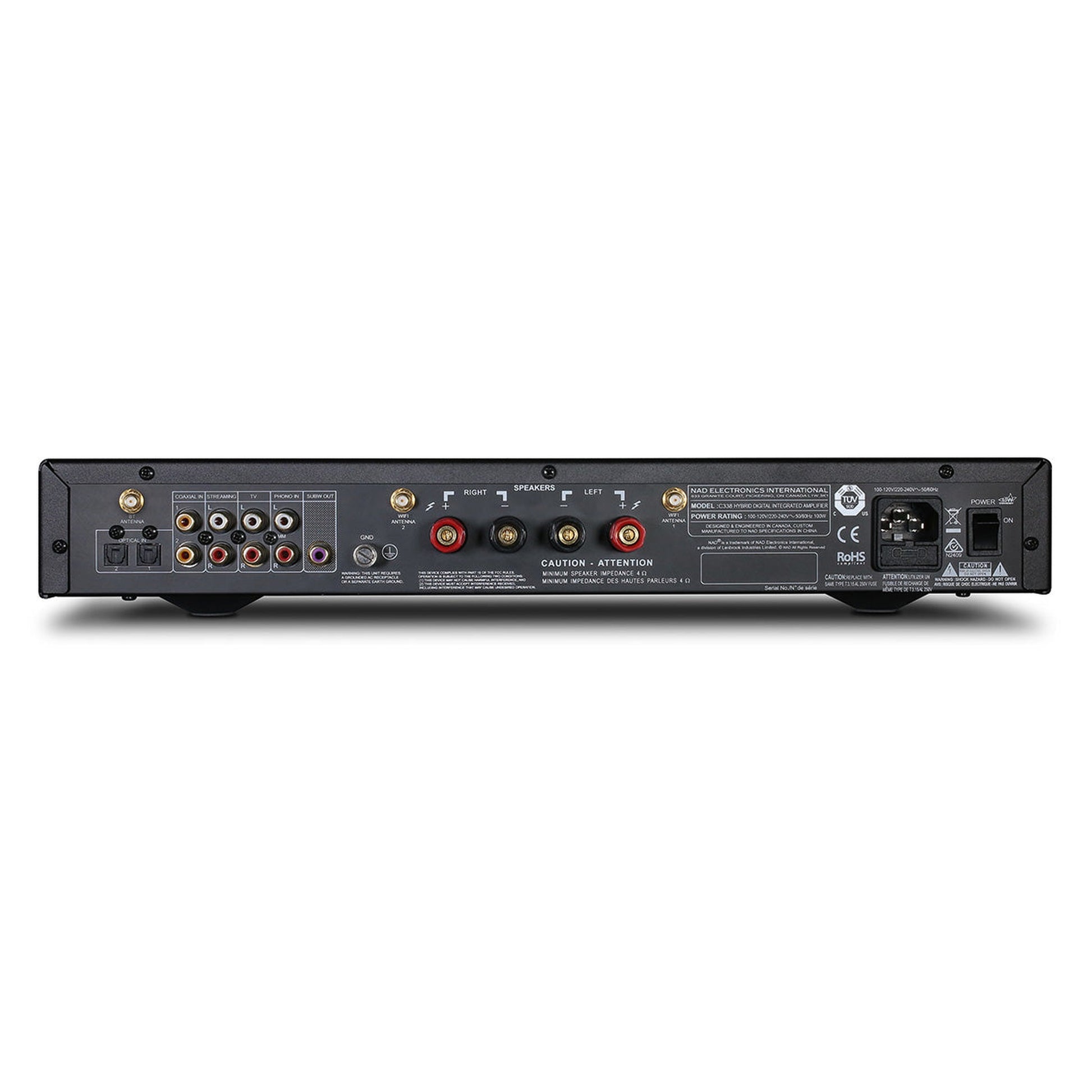 NAD C338 Streaming-Vollverstärker mit Phono Rückansicht mit Phono-Eingang, Lautsprecherterminals und WLAN-Antennen