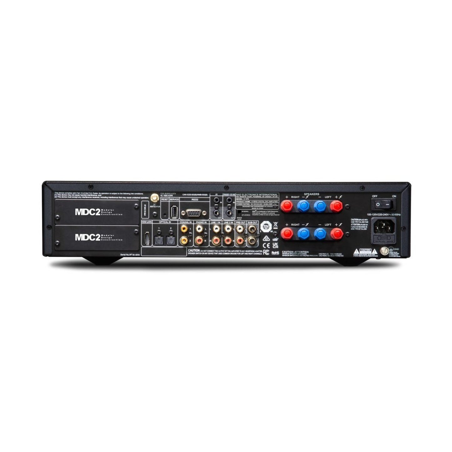 NAD C379 + MDC2 BluOS Streaming-Vollverstärker Anschlussfeld mit MDC2-Steckplätzen und Lautsprecherklemmen