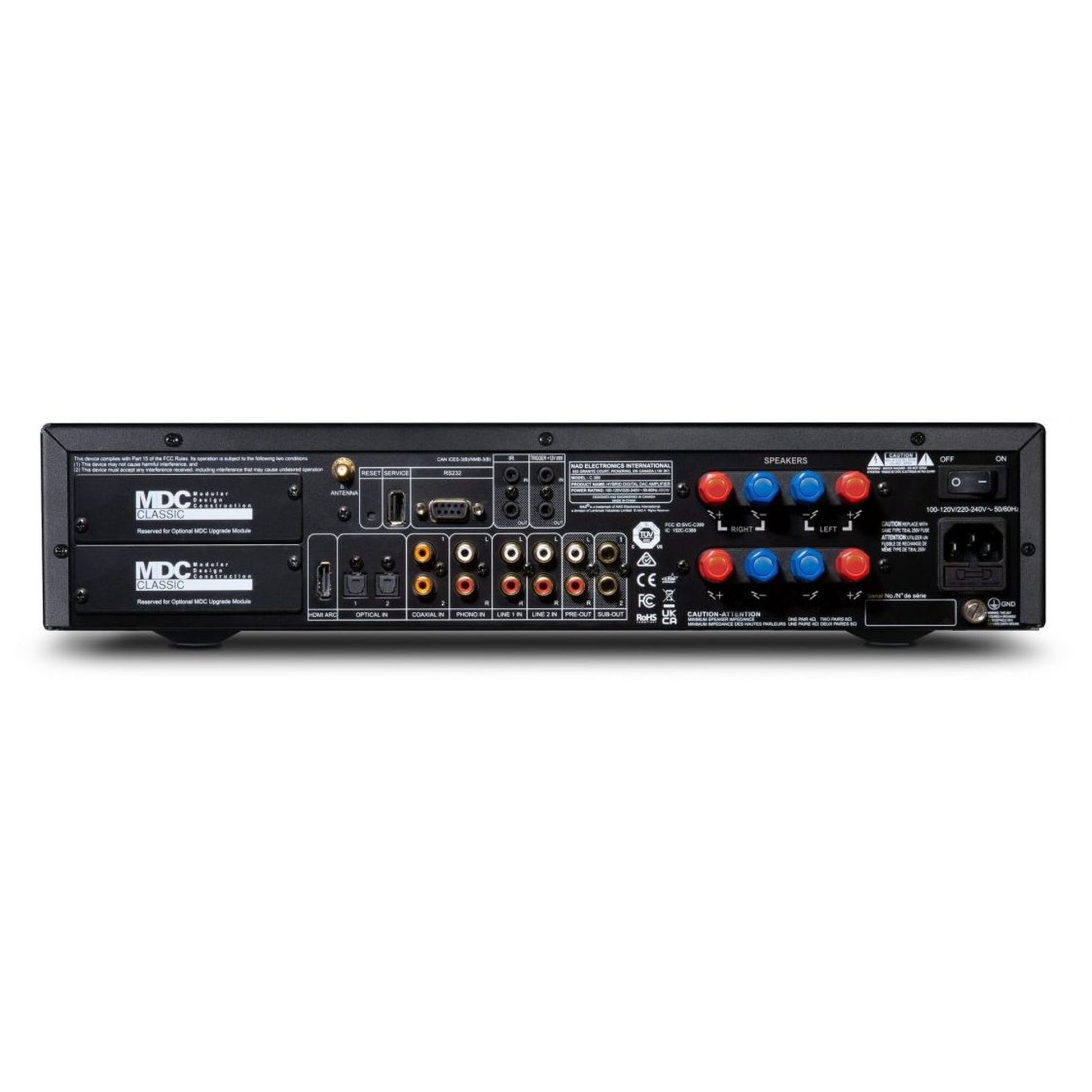 NAD C389 Vollverstärker Rückansicht mit HDMI eARC, Phono- und MDC2-Anschlüssen