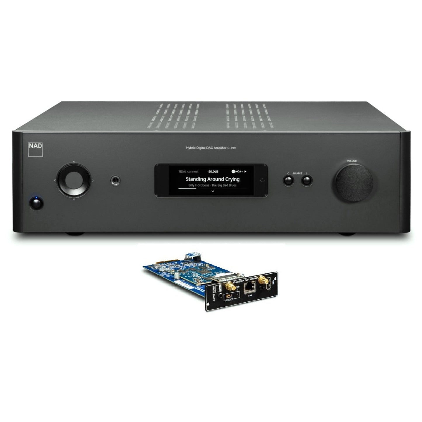 NAD C399 + MDC2 BluOS Streaming-Vollverstärker Displayansicht mit BluOS-Bedienfeld