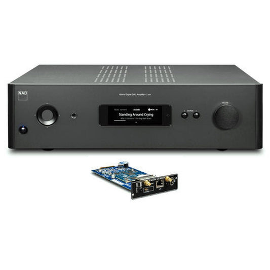 NAD C399 + MDC2 BluOS Streaming-Vollverstärker Frontansicht mit MDC2-Streamingmodul