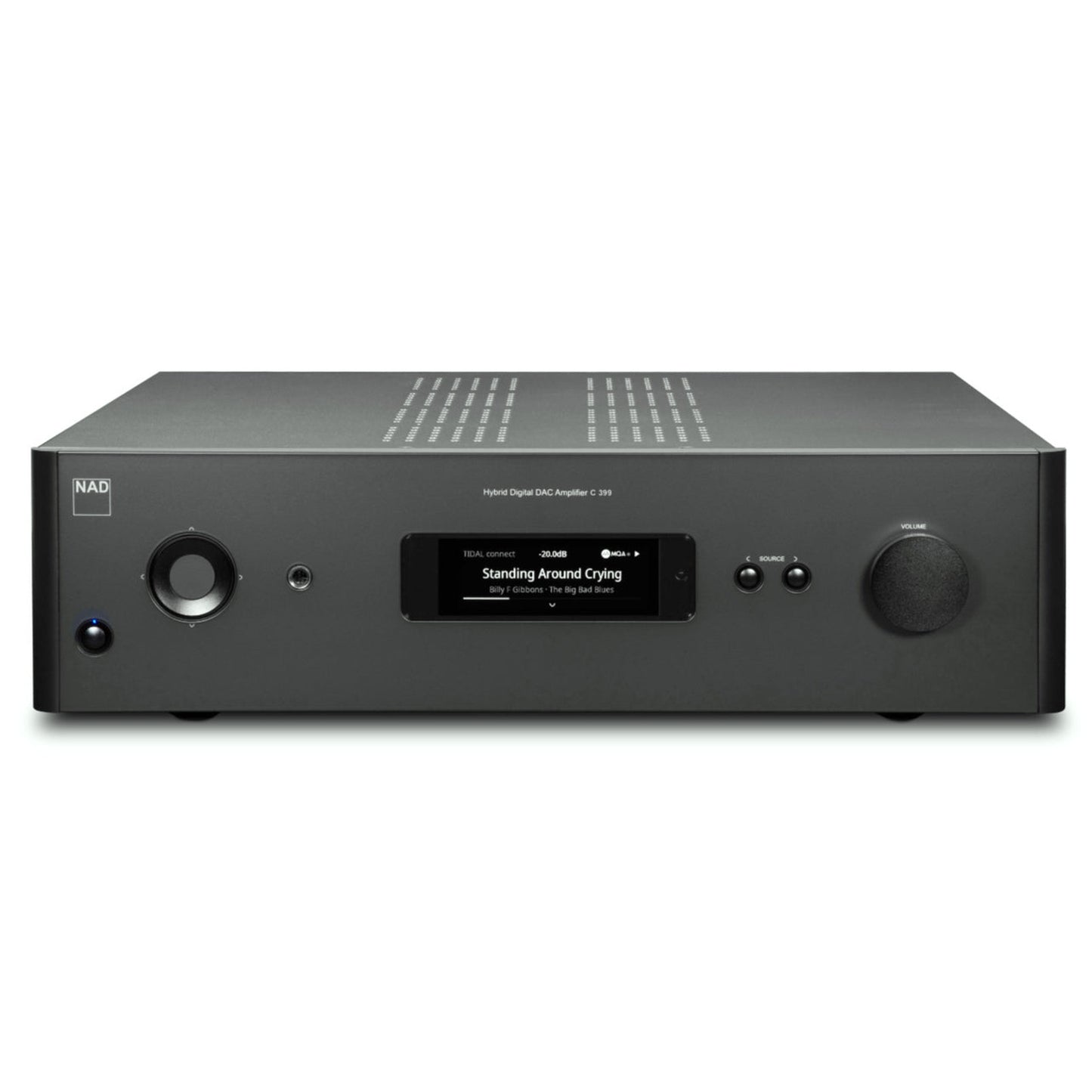 NAD C399 Vollverstärker Frontansicht mit beleuchtetem Display und Bedienelementen