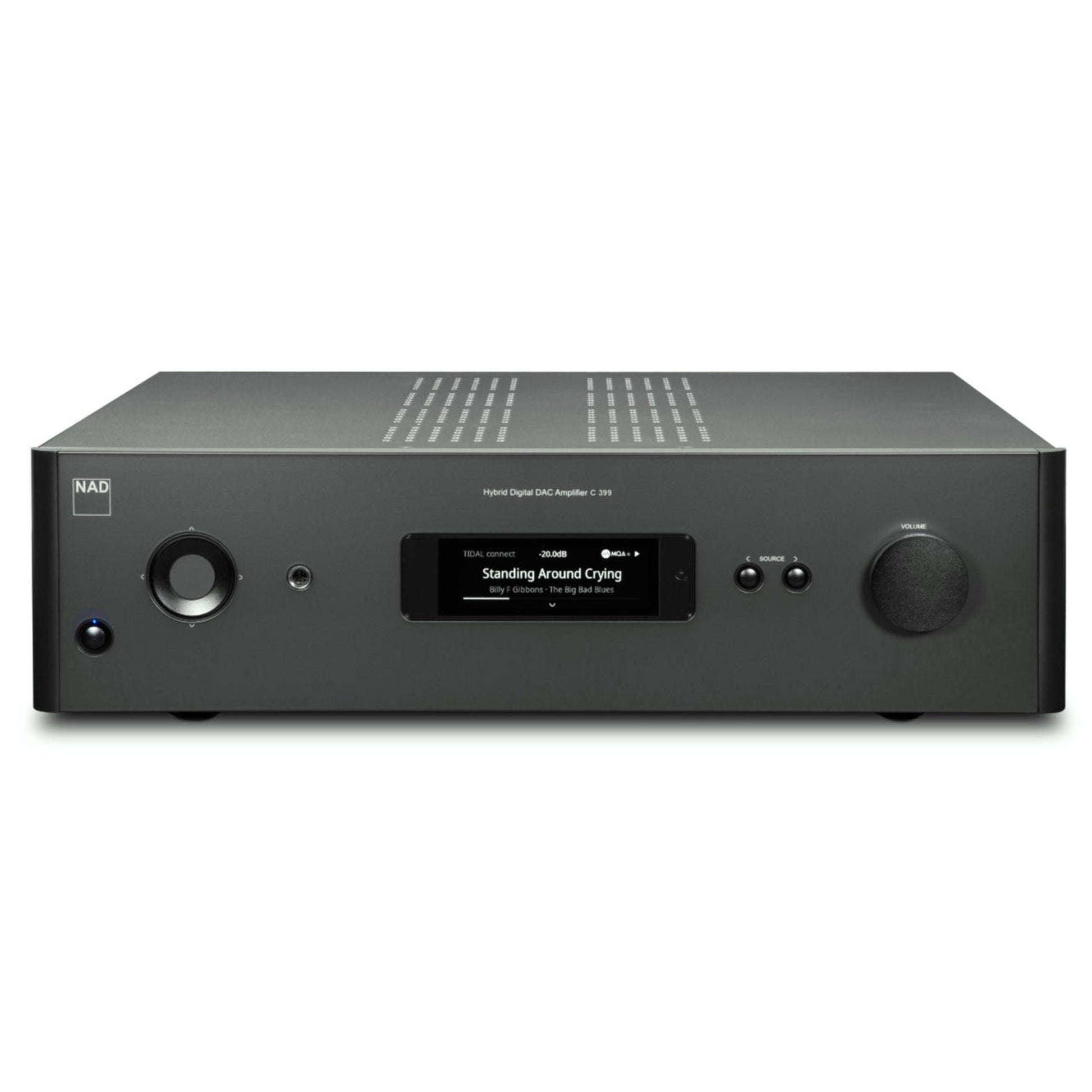 NAD C399 Vollverstärker Frontansicht mit beleuchtetem Display und Bedienelementen