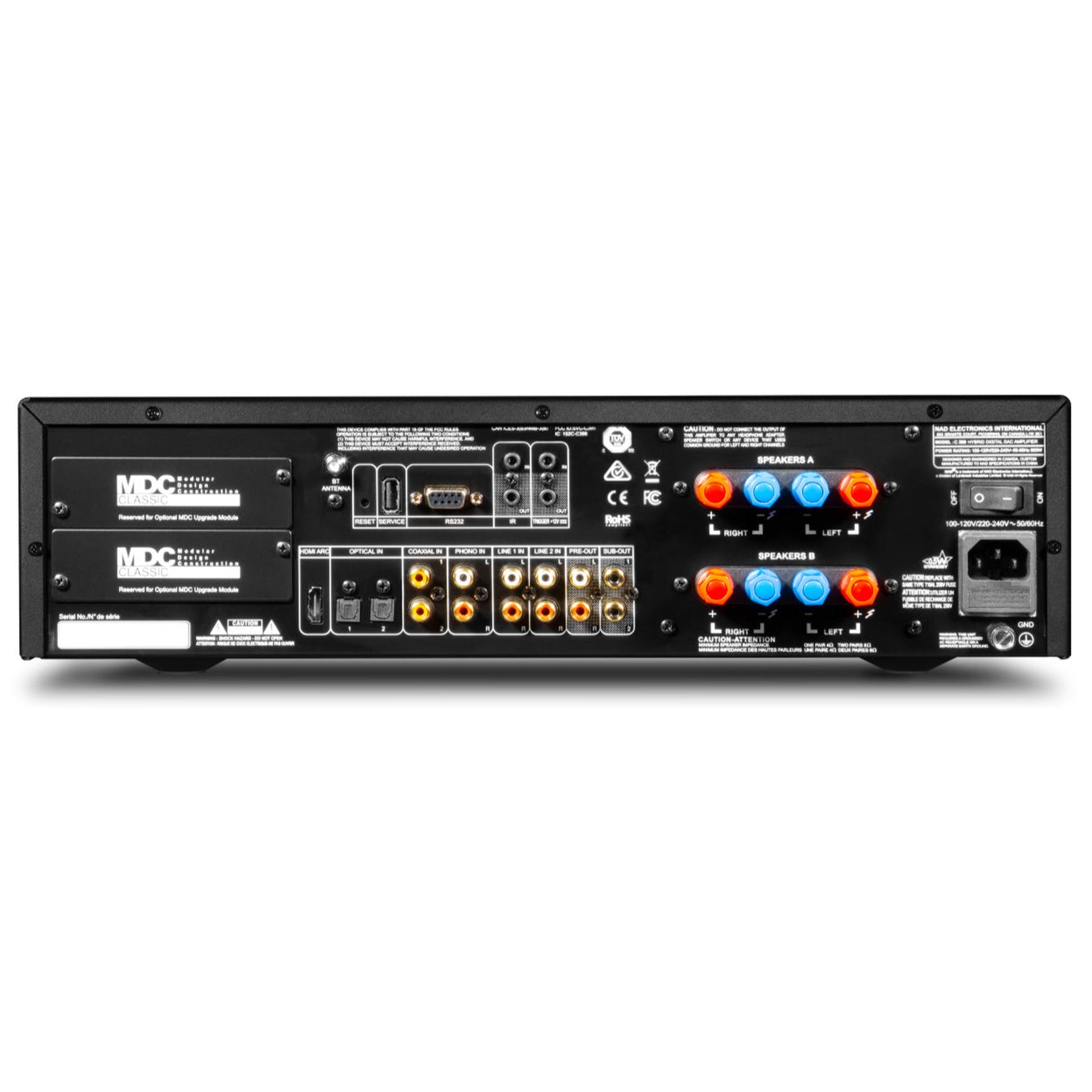 NAD C399 Vollverstärker Rückansicht mit MDC2-Steckplätzen, Phono- und Subwoofer-Anschluss