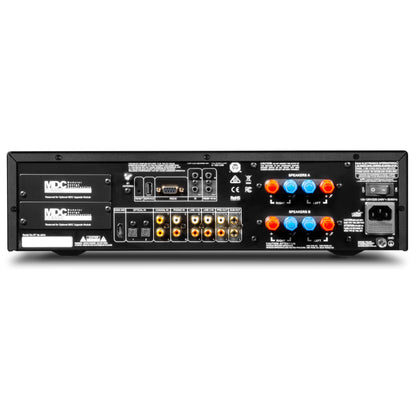 NAD C399 Vollverstärker Rückansicht mit MDC2-Steckplätzen, Phono- und Subwoofer-Anschluss