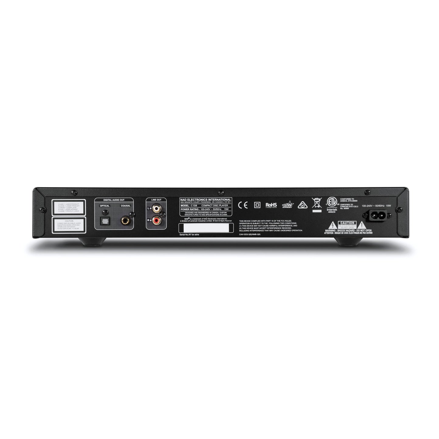 NAD C538 CD-Player Rückansicht mit Digitalausgängen Optisch und Koaxial sowie Cinch Line-Out