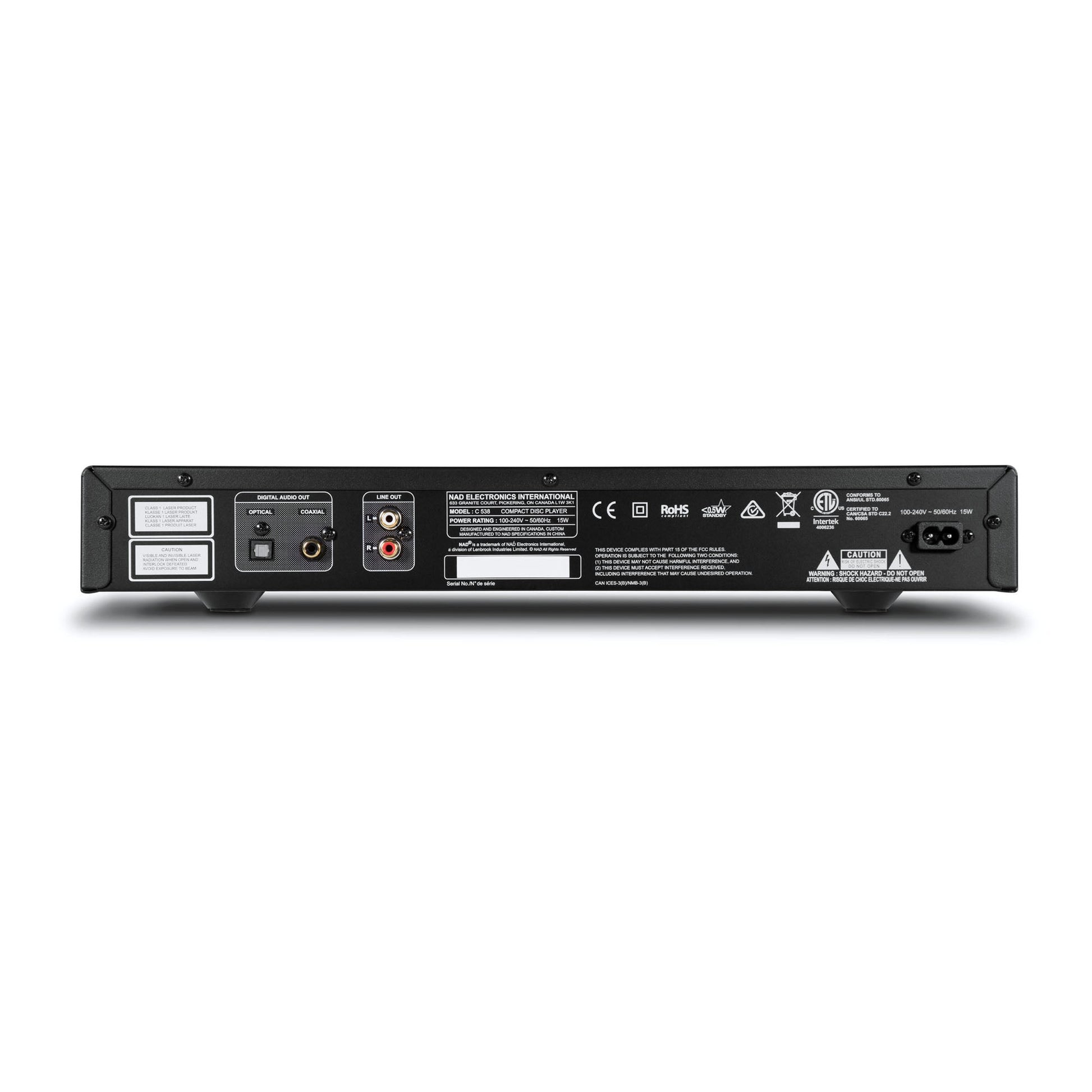 NAD C538 CD-Player Rückansicht mit Digitalausgängen Optisch und Koaxial sowie Cinch Line-Out