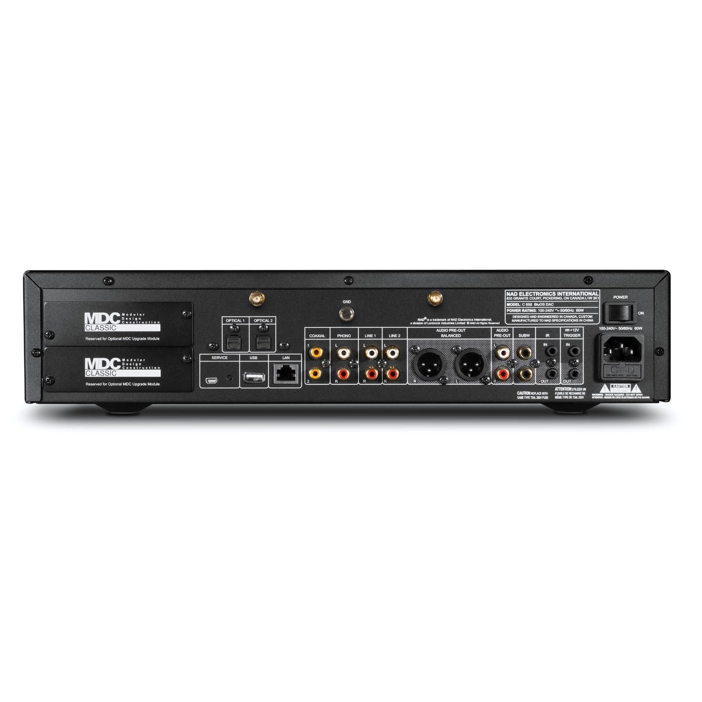 NAD C658 BluOS Streaming Vorverstärker DAC Rückansicht XLR Phono MDC Anschlüsse