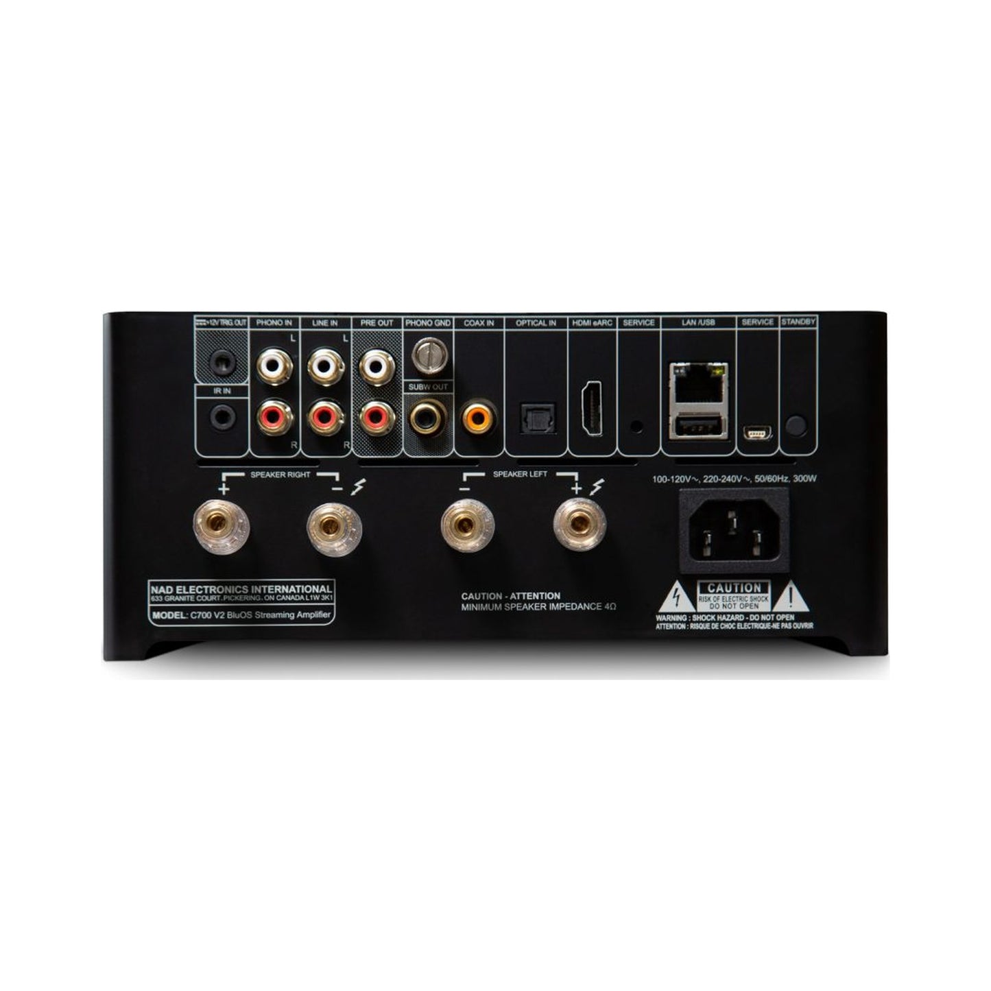 NAD C700 V2 BluOS Streaming-Vollverstärker Rückansicht mit Anschlüssen HDMI eARC, Phono, WLAN
