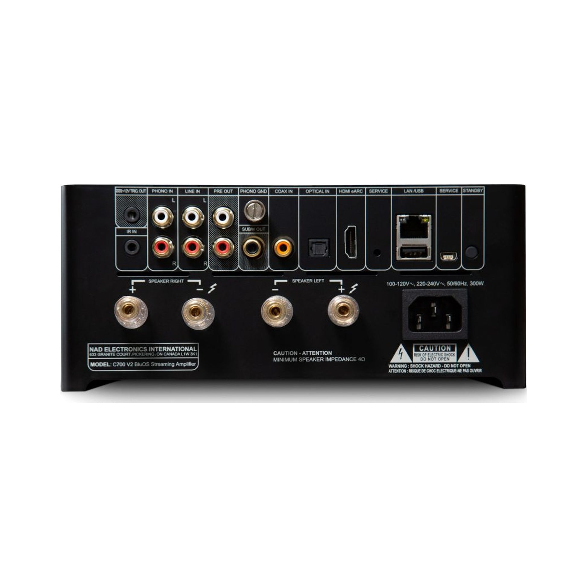 NAD C700 V2 BluOS Streaming-Vollverstärker Rückansicht mit Anschlüssen HDMI eARC, Phono, WLAN