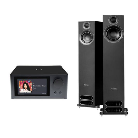 NAD C700V2 BluOS + PMC Prodigy 5 HiFi-Set Frontansicht mit Streaming-Verstärker und Standlautsprecher-Paar
