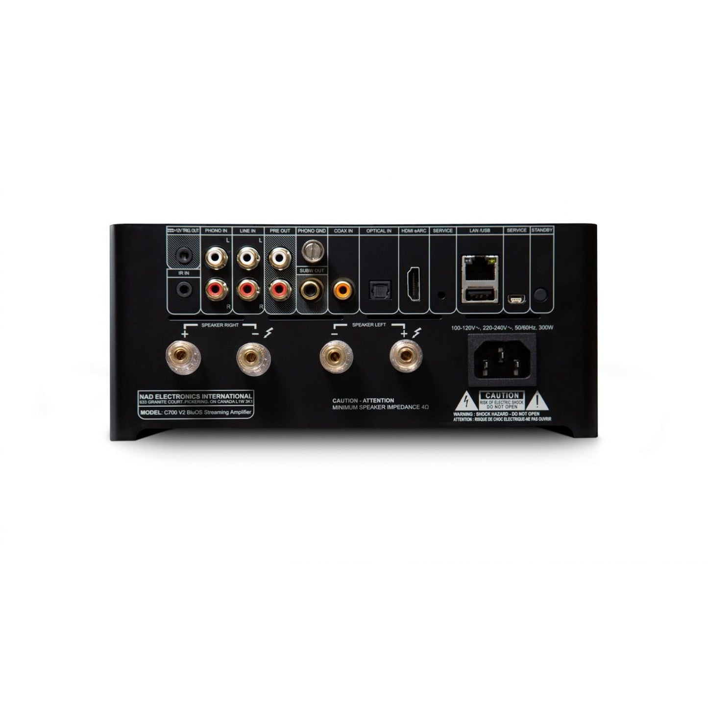 NAD C700V2 BluOS Streaming-Vollverstärker Rückansicht mit Phono-, HDMI-eARC- und Lautsprecheranschlüssen