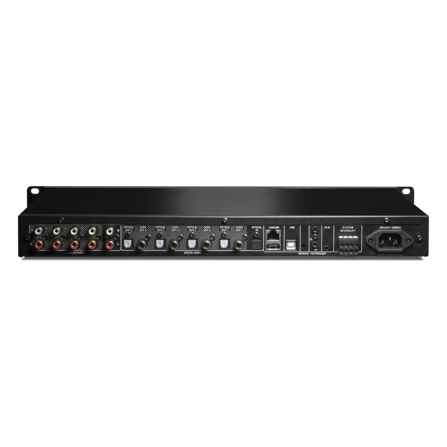 NAD CI580 V2 BluOS Multiroom 4-Zonen-Streamer Rückansicht mit Analog- und Digitalausgängen, LAN/USB, IR-Eingang