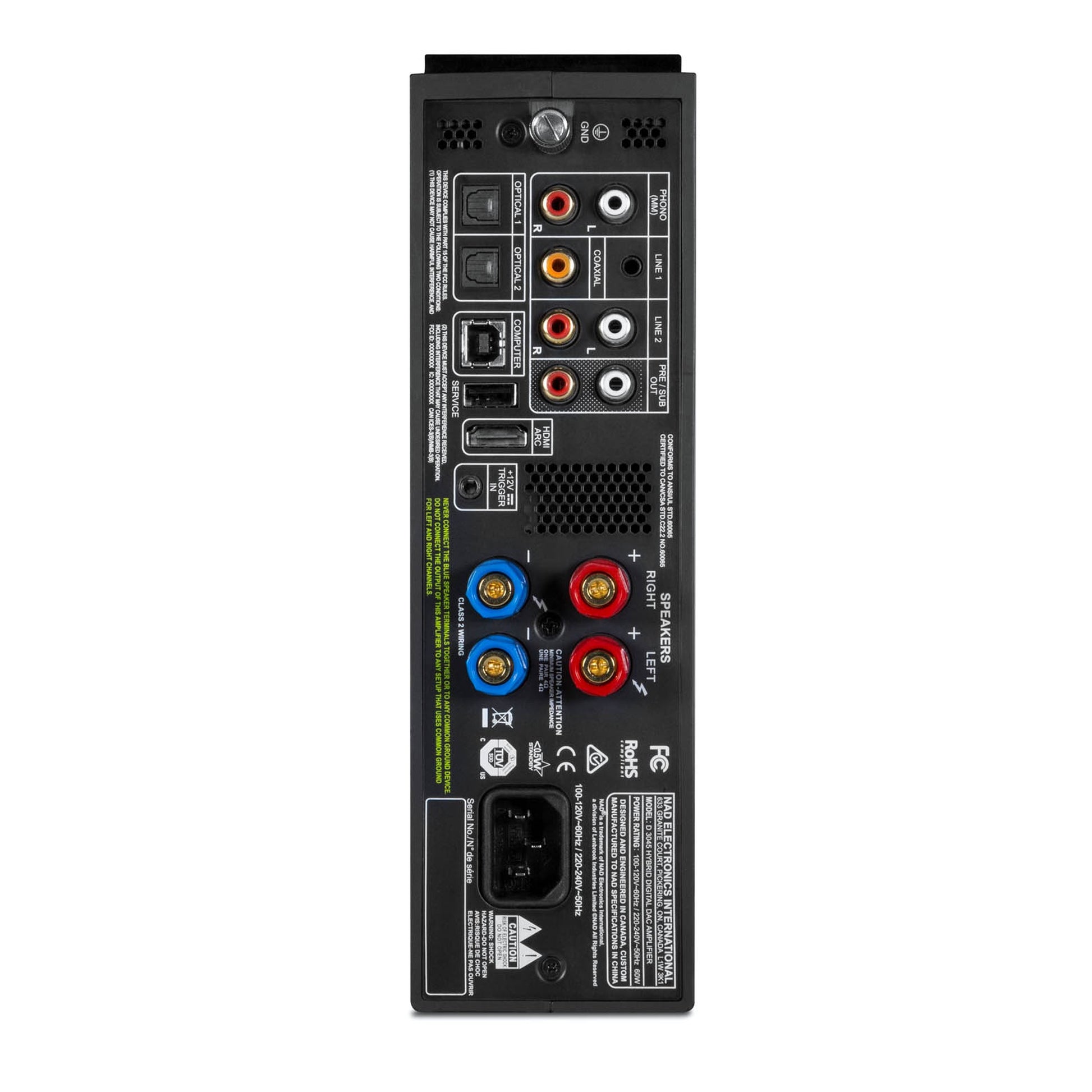 NAD D3045 Digital-Vollverstärker Rückansicht mit HDMI ARC, USB, Phono MM, 2x Optical, Koaxial und Pre/Sub-Out