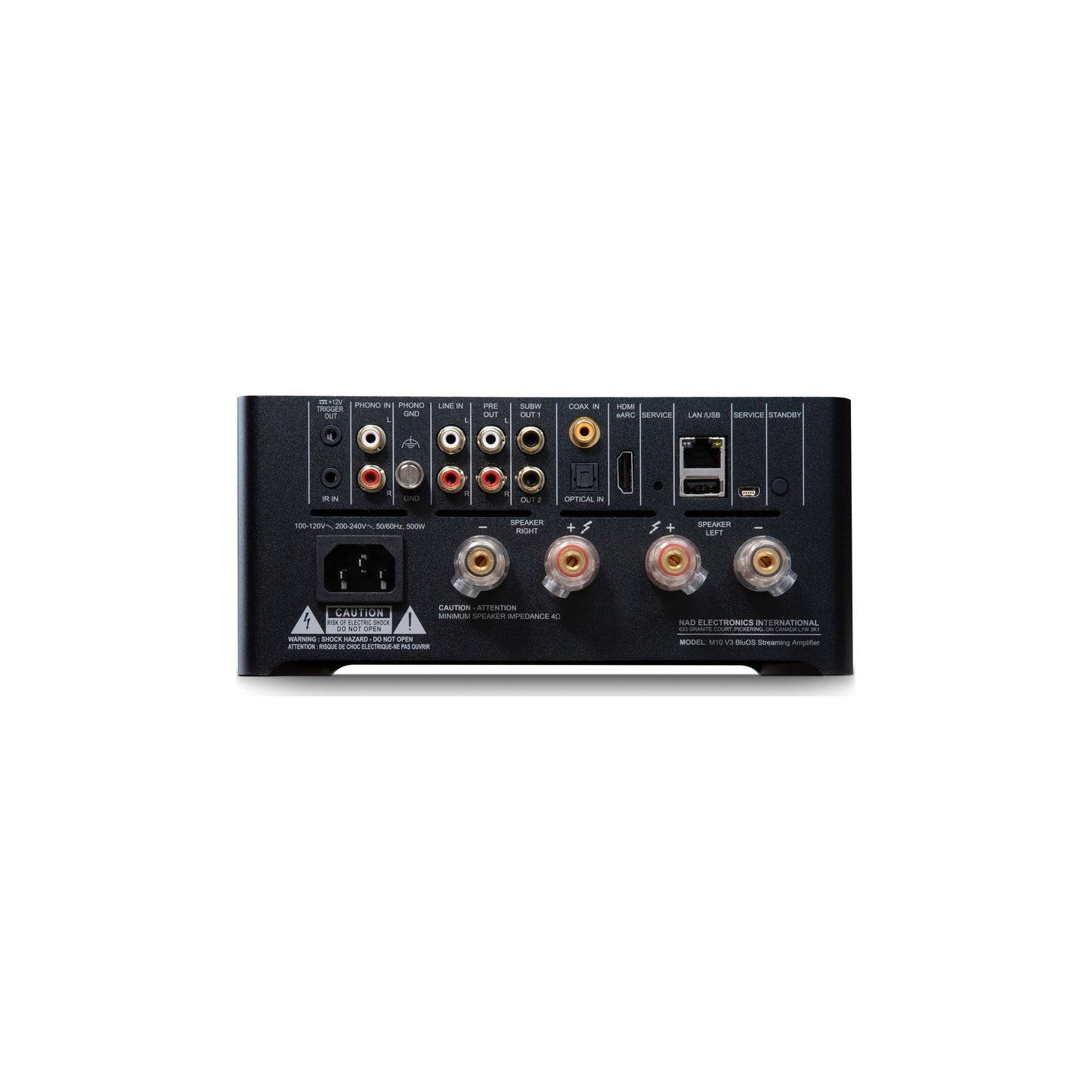 NAD M10 V3 Streaming-Verstärker mit Dirac Rückansicht Anschlüsse HDMI eARC Phono LAN