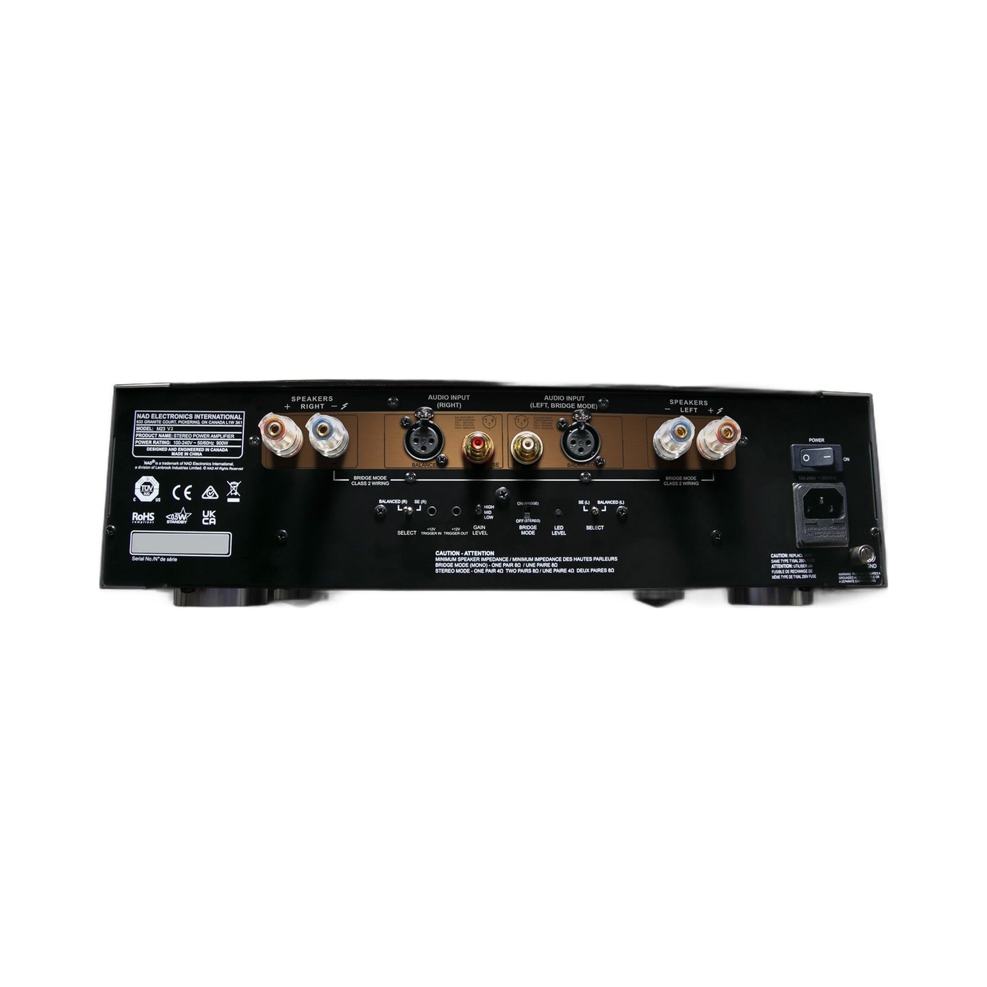 NAD M23 V2 Stereo-Endstufe Anschlussfeld mit XLR Cinch Lautsprecherklemmen und Bridge-Mode-Schalter