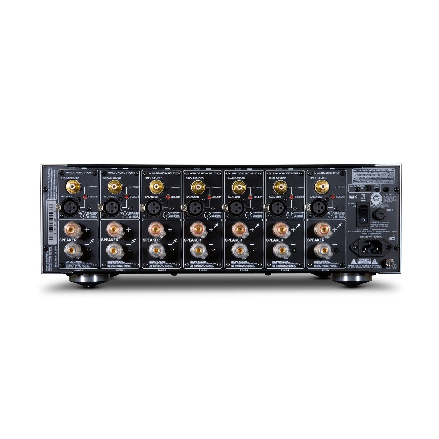 NAD M28 7-Kanal-Endstufe Rückansicht Anschlüsse XLR Cinch Lautsprecherklemmen