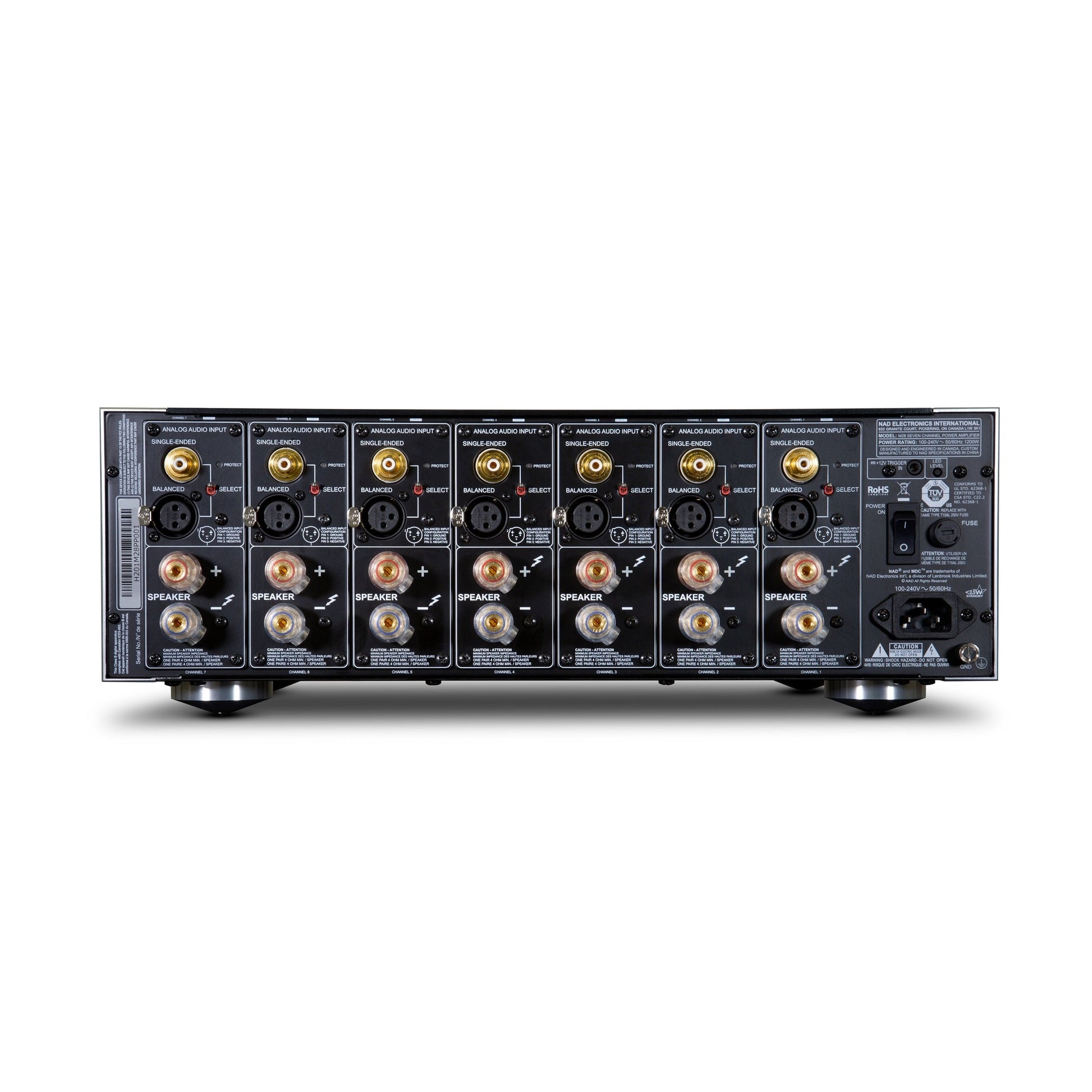 NAD M28 7-Kanal-Endstufe Rückansicht Anschlüsse XLR Cinch Lautsprecherklemmen