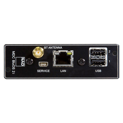 NAD MDC BluOS 2i Streaming-Erweiterungsmodul Frontansicht mit LAN-, USB- und Service-Anschluss