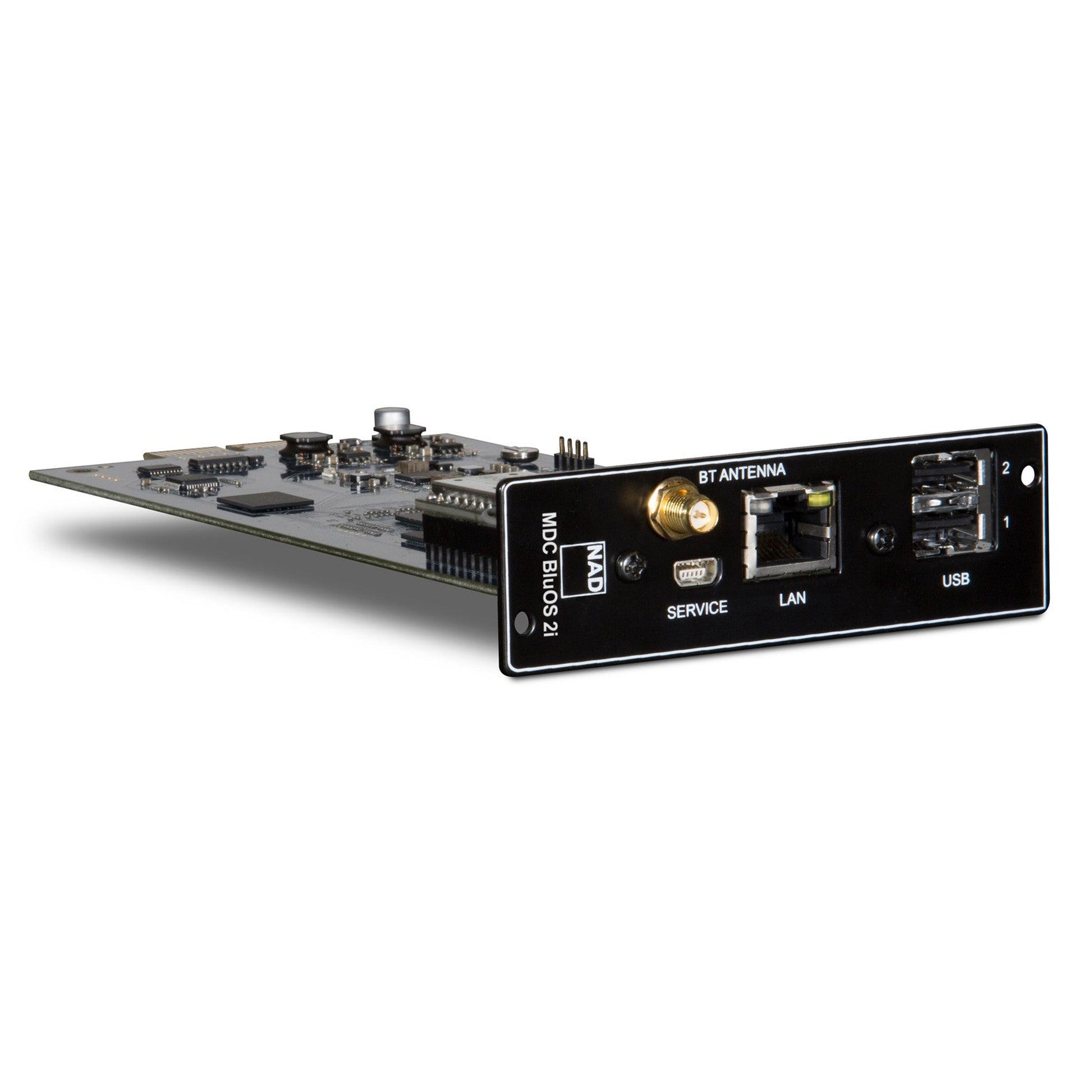 NAD MDC BluOS 2i Streaming-Erweiterungsmodul Schrägansicht Platine mit Bauteilen und Frontplatte
