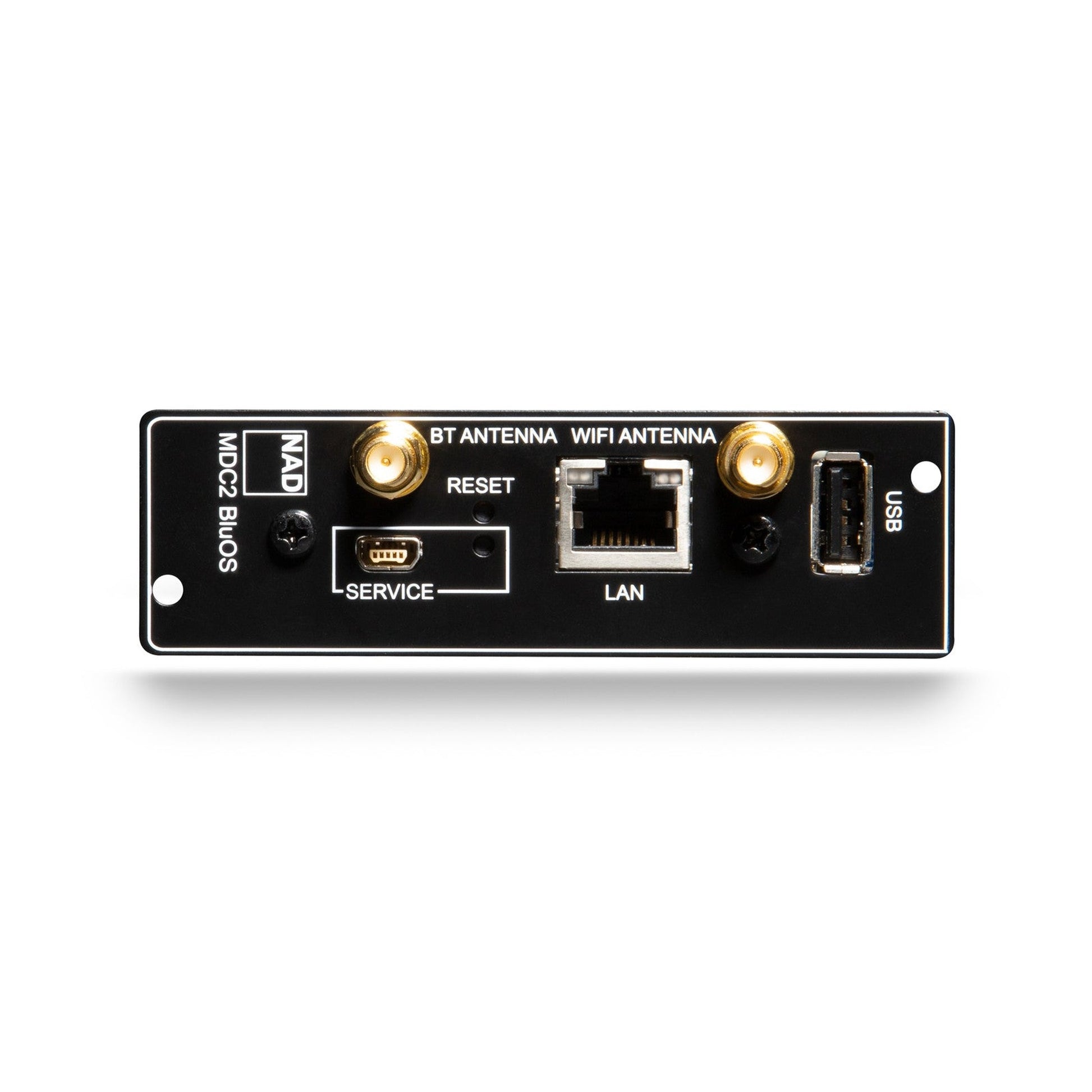 NAD MDC2 BluOS-D Streaming Erweiterungsmodul Anschlussfeld mit LAN-, USB- und Antennenanschluss