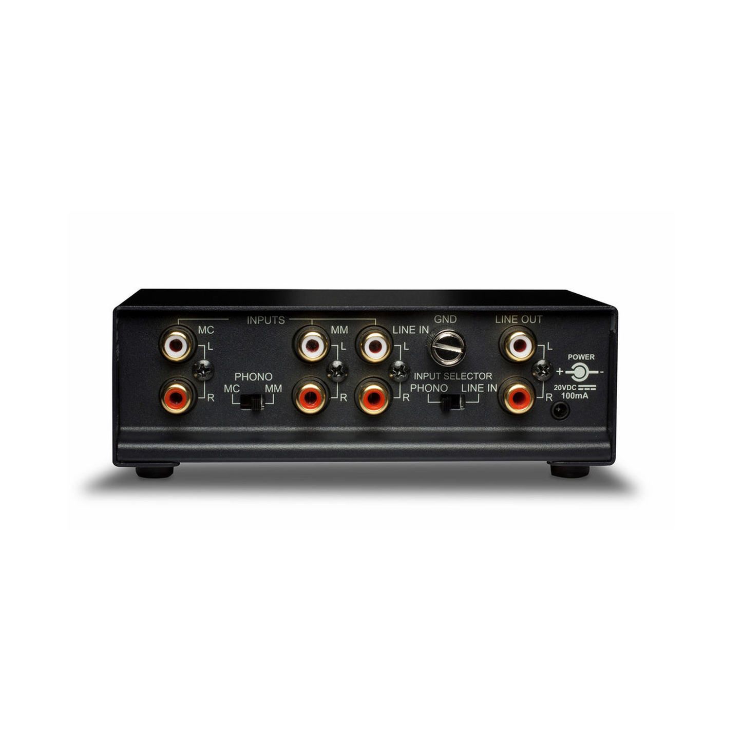 NAD PP 4 Phono-Vorverstärker Anschlussfeld mit MM/MC-Umschalter, Cinch und Masseanschluss