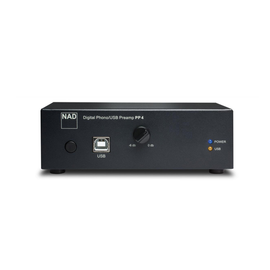 NAD PP 4 Phono-Vorverstärker Frontansicht mit USB-Anschluss und Pegelschalter