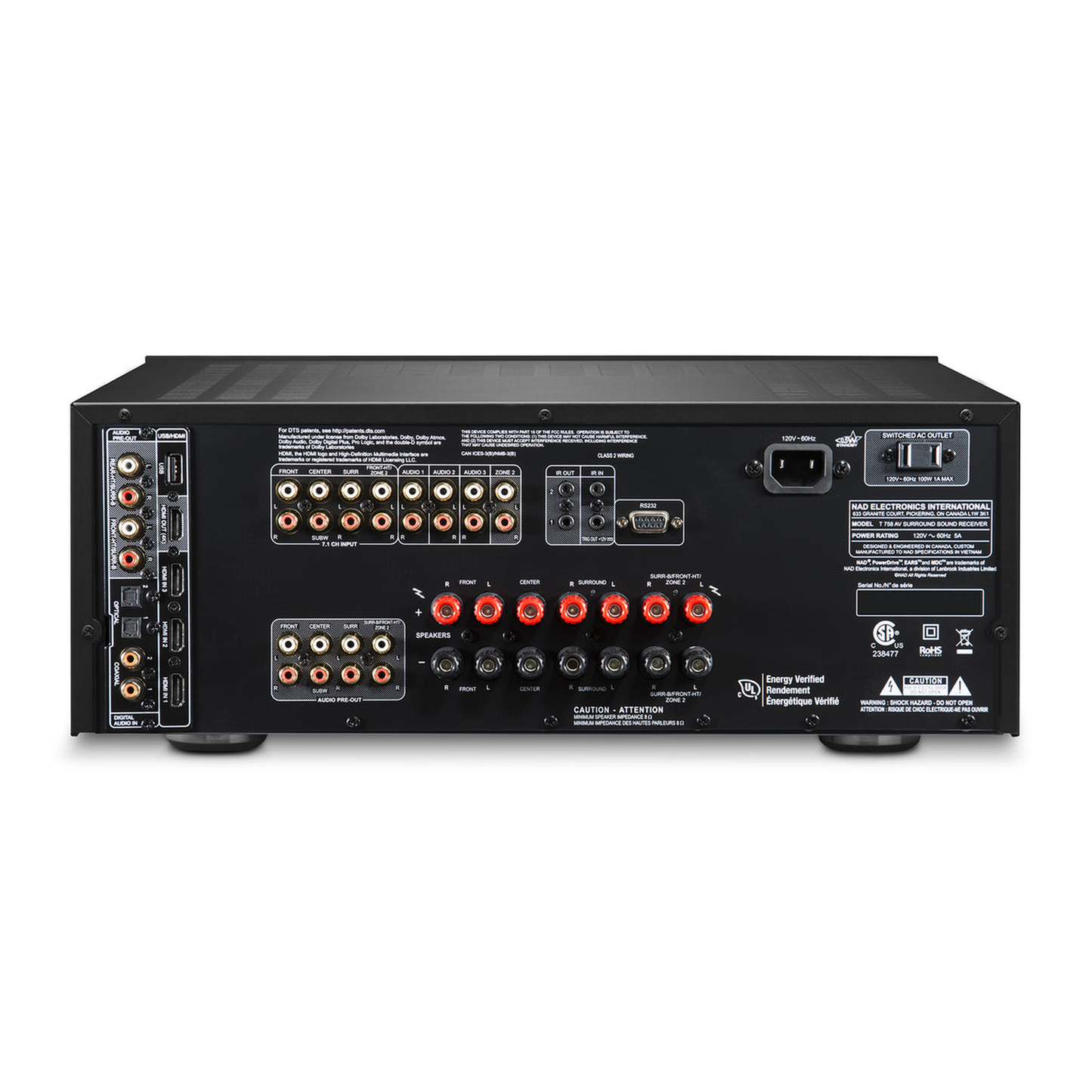 NAD T 758 V3i 7.1 AV-Receiver Anschlussfeld mit HDMI-, Cinch-Vorverstärkerausgängen und Lautsprecherklemmen