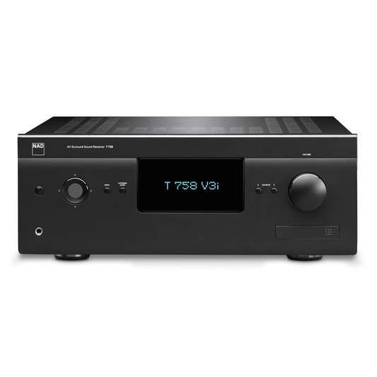 NAD T 758 V3i 7.1 AV-Receiver Frontansicht mit Display und Lautstärkeregler
