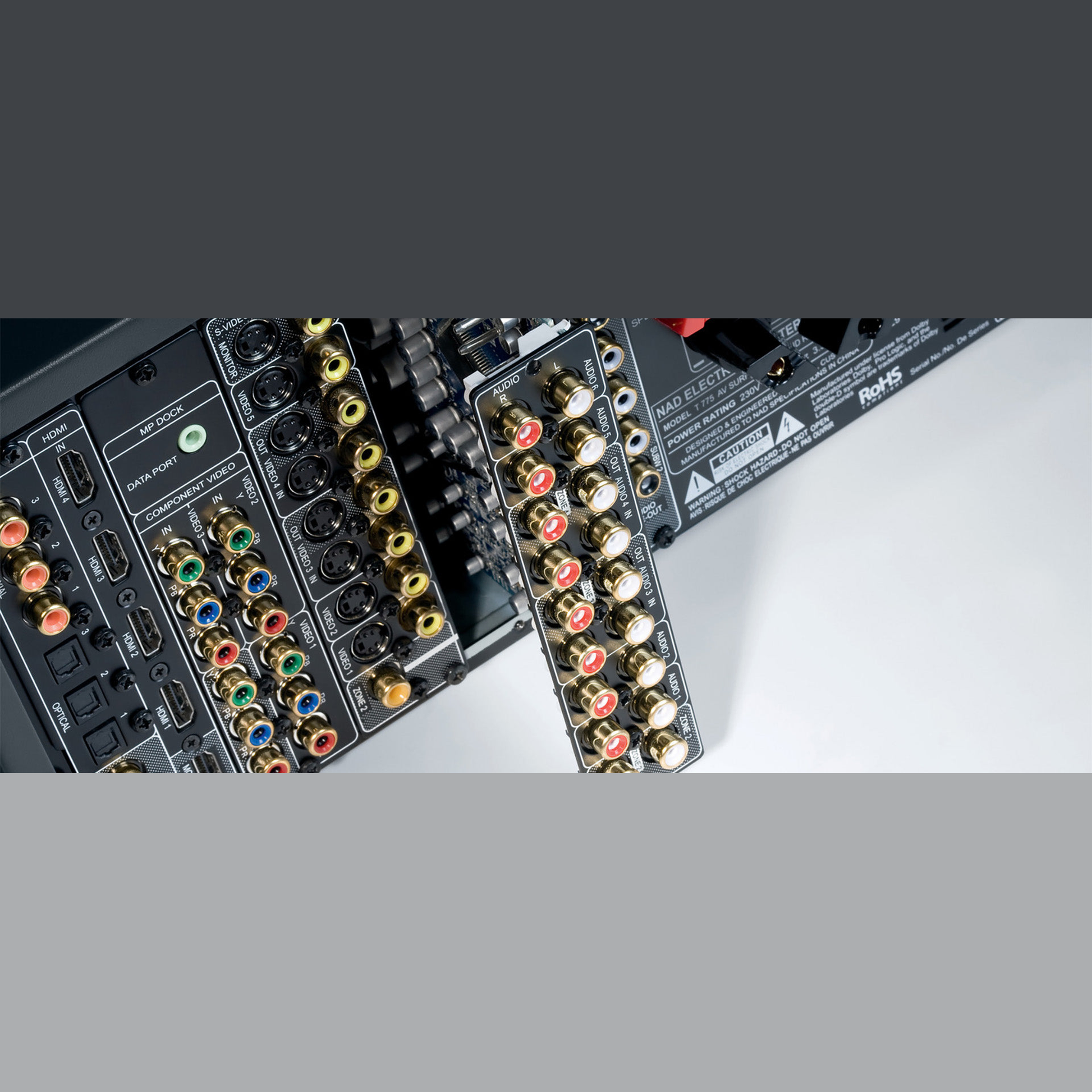 NAD T 778 AV-Receiver Detailansicht MDC-Module mit HDMI und Cinch-Anschlüssen