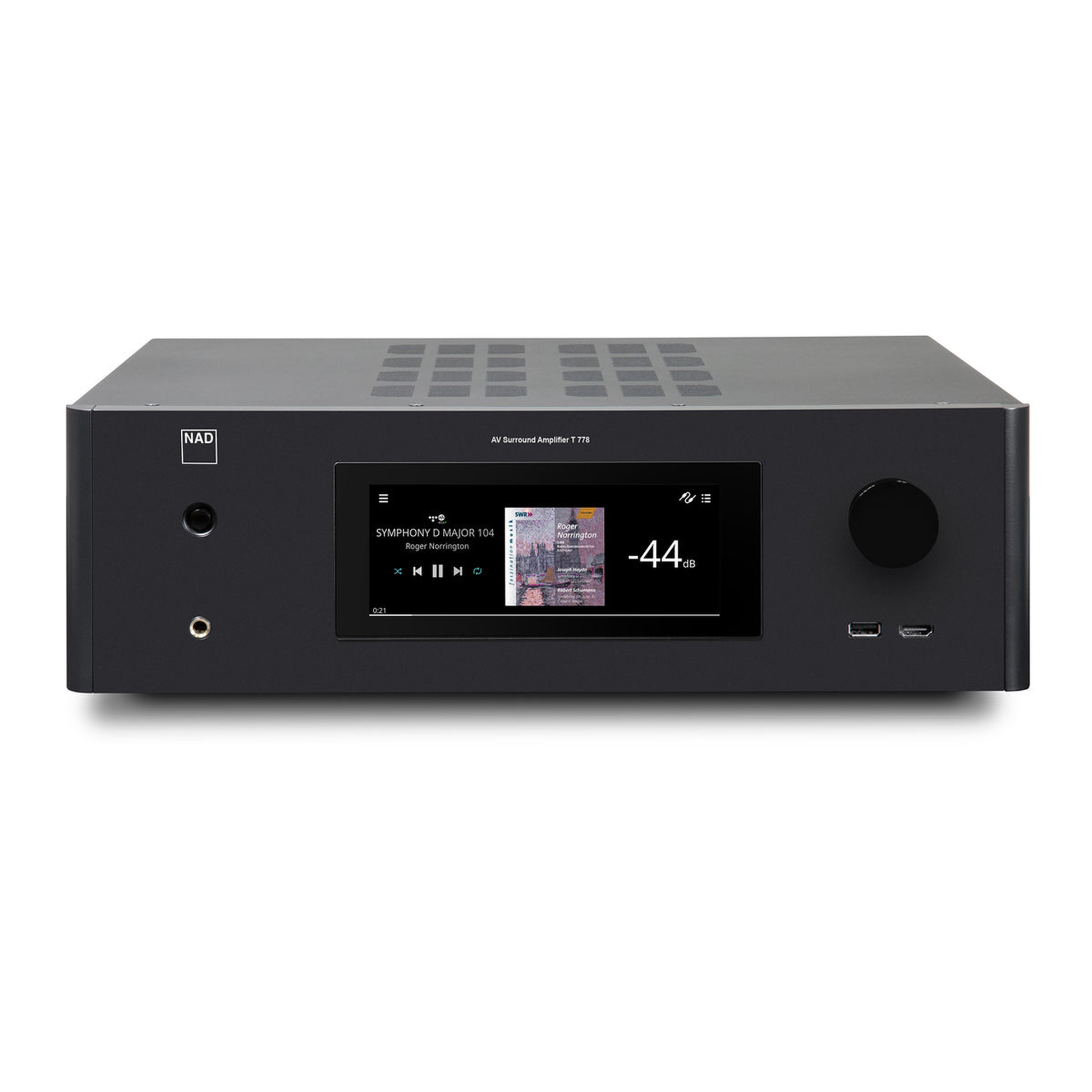 NAD T 778 AV-Receiver Frontansicht mit Touchdisplay und Lautstärkeregler