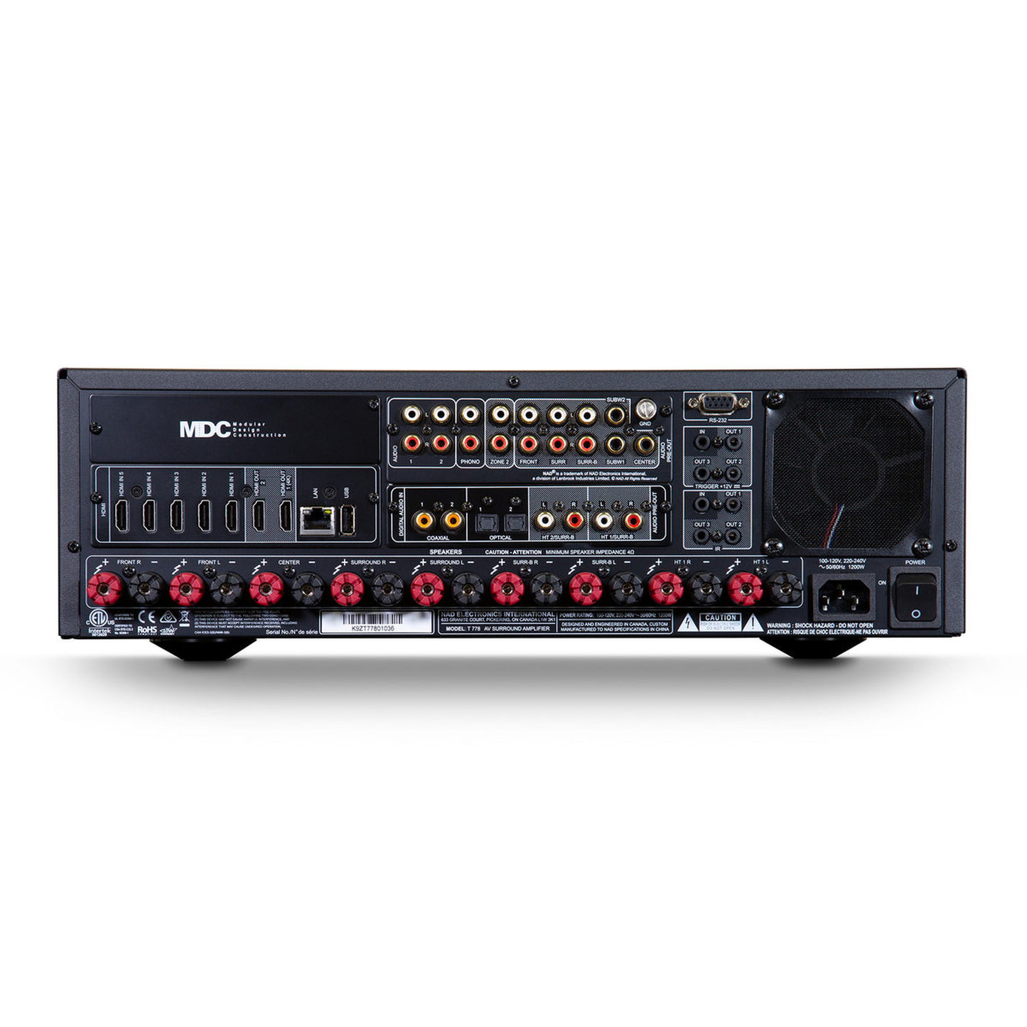NAD T 778 AV-Receiver Rückansicht mit HDMI-, MDC- und Lautsprecheranschlüssen