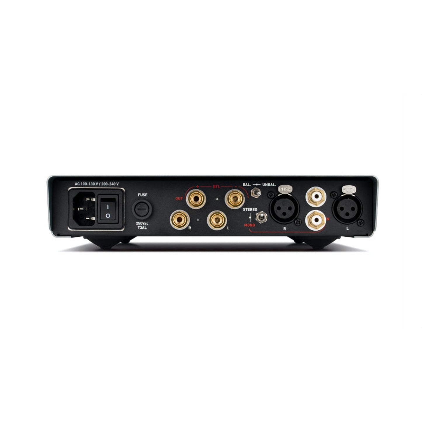 NuPrime AMG STA-SE Stereo-Endstufe Rückansicht mit Lautsprecherklemmen, Cinch- und XLR-Eingang