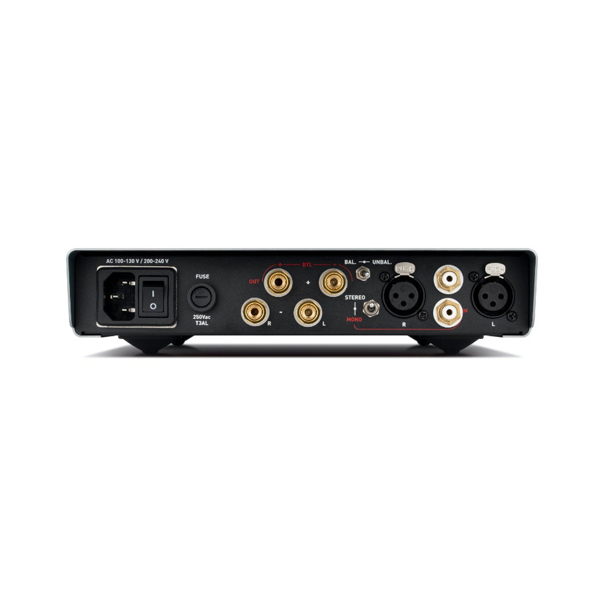 NuPrime AMG STA-SE Stereo-Endstufe Rückansicht mit Lautsprecherklemmen, Cinch- und XLR-Eingang
