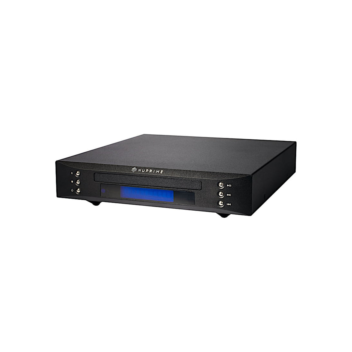 NuPrime CDT-9 CD-Transport Schrägansicht mit Display und Bedientasten in Schwarz