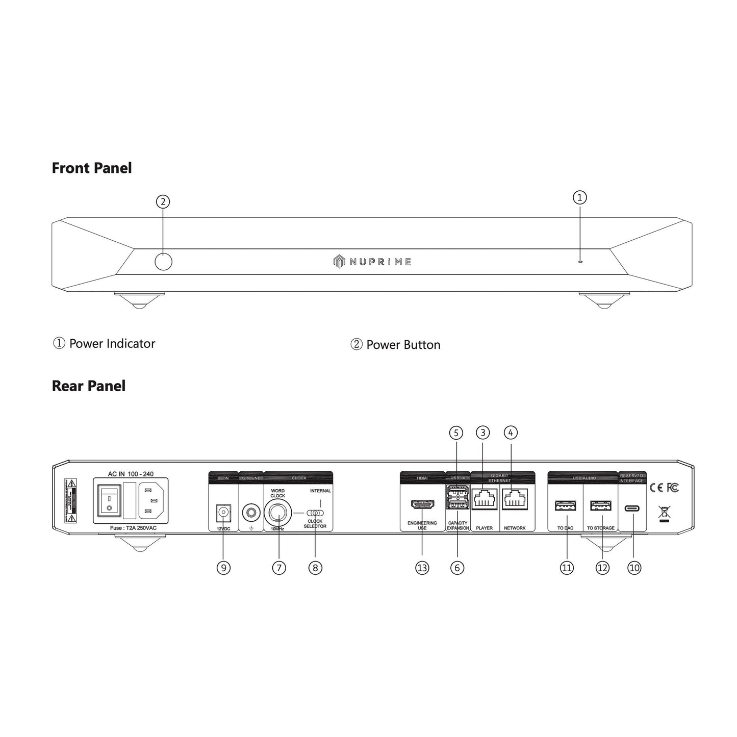 NuPrime Evolution Stream Server Musikserver Anschlussdiagramm der Front- und Rückseite mit Bedienelementen