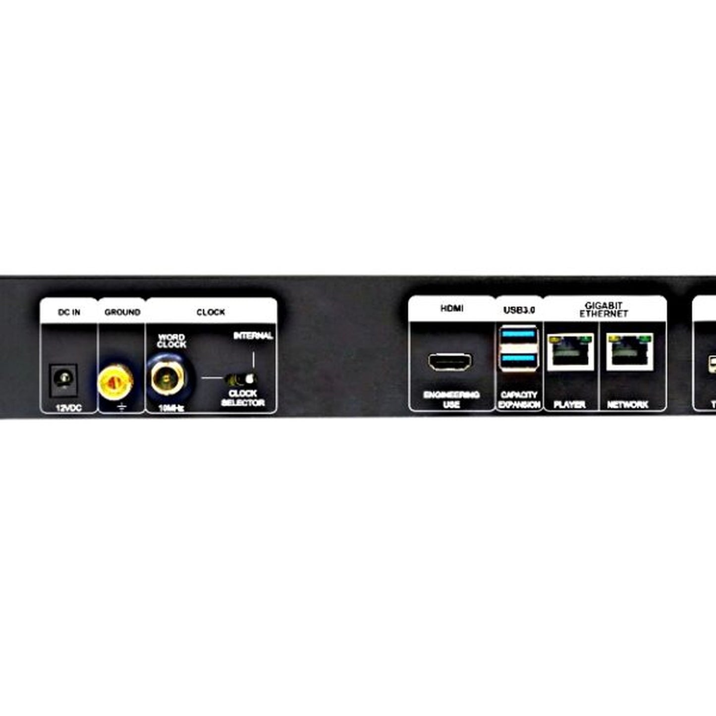NuPrime Evolution Stream Server Musikserver Anschlussfeld mit Clock-, HDMI-, USB- und Ethernet-Buchsen