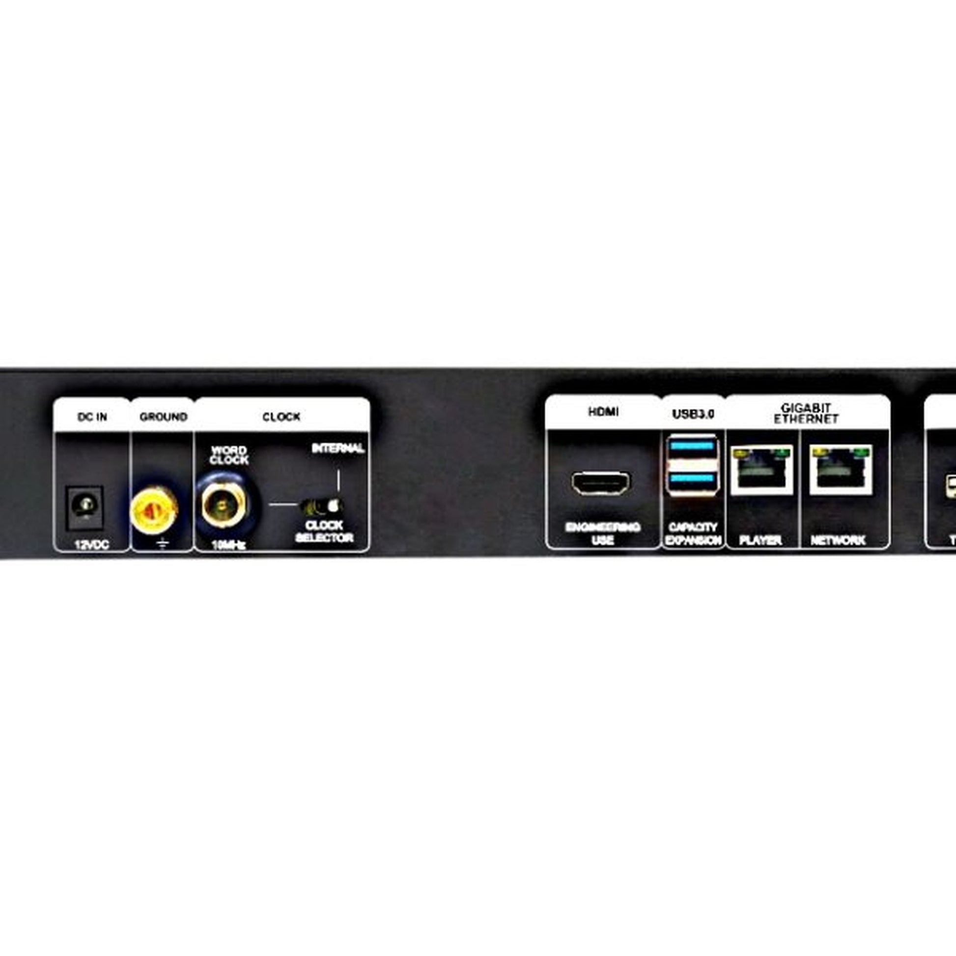 NuPrime Evolution Stream Server Musikserver Anschlussfeld mit Clock-, HDMI-, USB- und Ethernet-Buchsen