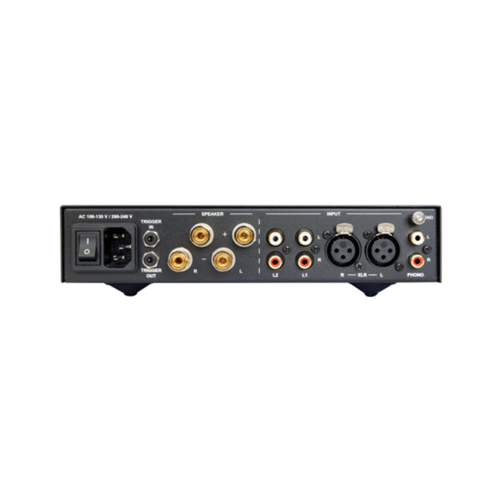 NuPrime IA-9XG GaN-Vollverstärker mit Phono Rückansicht mit Lautsprecherklemmen, Phono-, Cinch- und XLR-Eingang