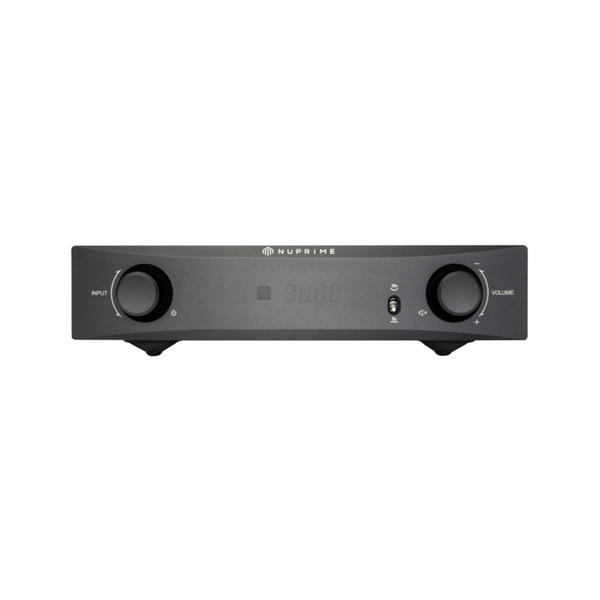NuPrime IA-9XG GaN-Vollverstärker mit Phono Frontansicht des Gehäuses mit Display und Lautstärkeregler