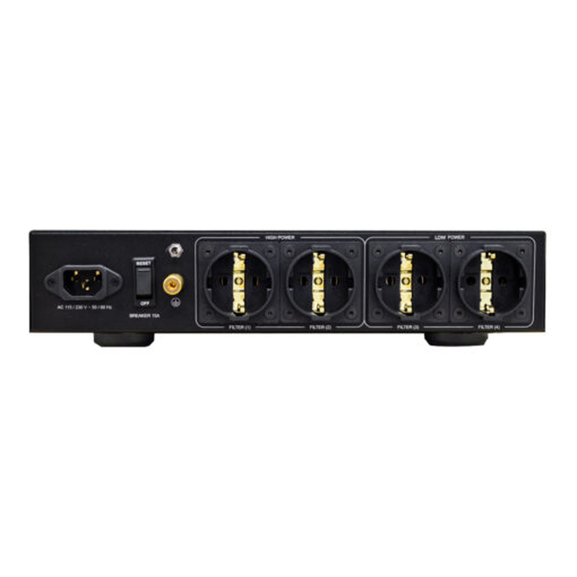 NuPrime Pure AC-4E Netzfilter-Steckdosenleiste Rückansicht mit vier gefilterten Schuko-Steckdosen
