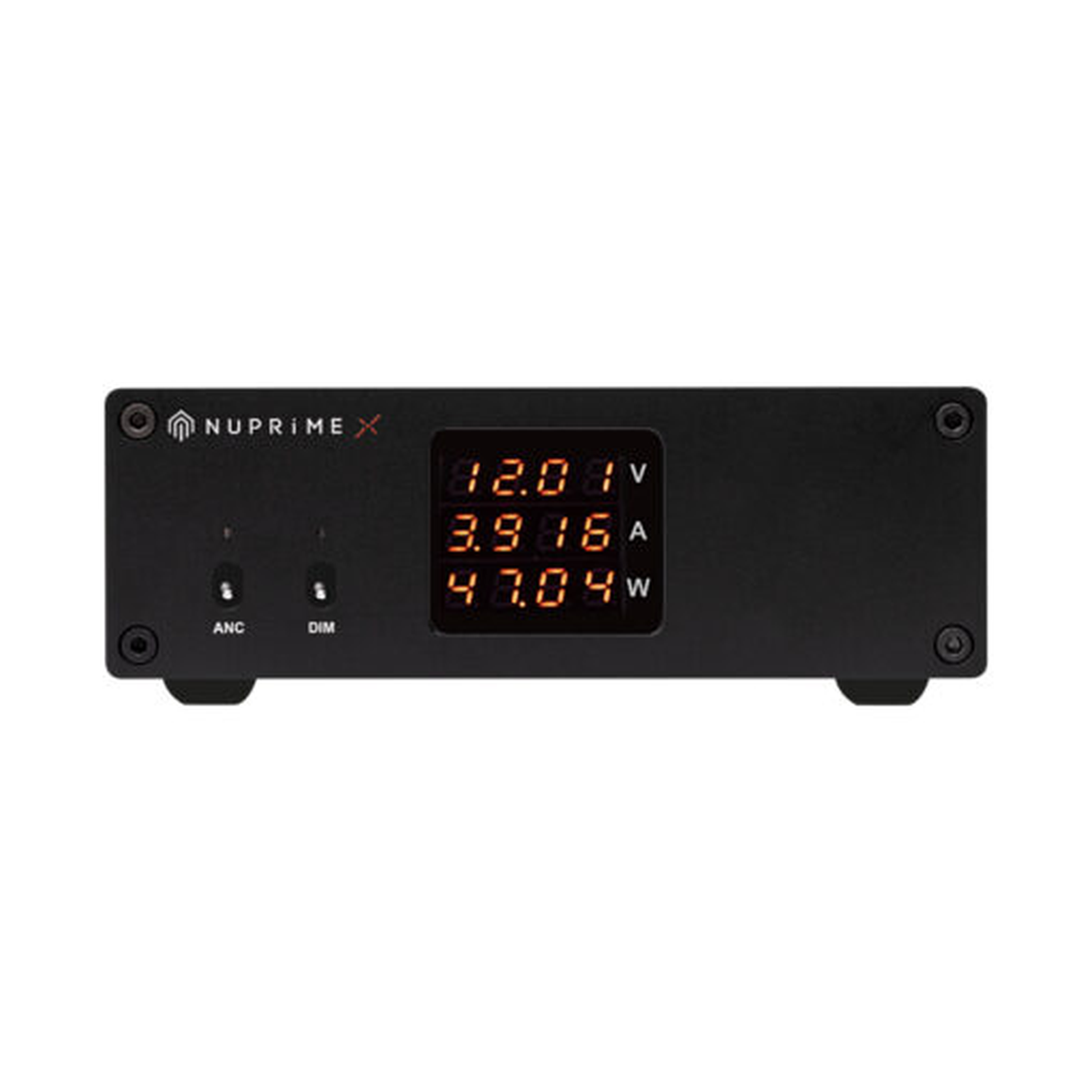NuPrime SiGa Power75 Audio-Netzteil Frontansicht mit Spannungs-, Strom- und Leistungsanzeige