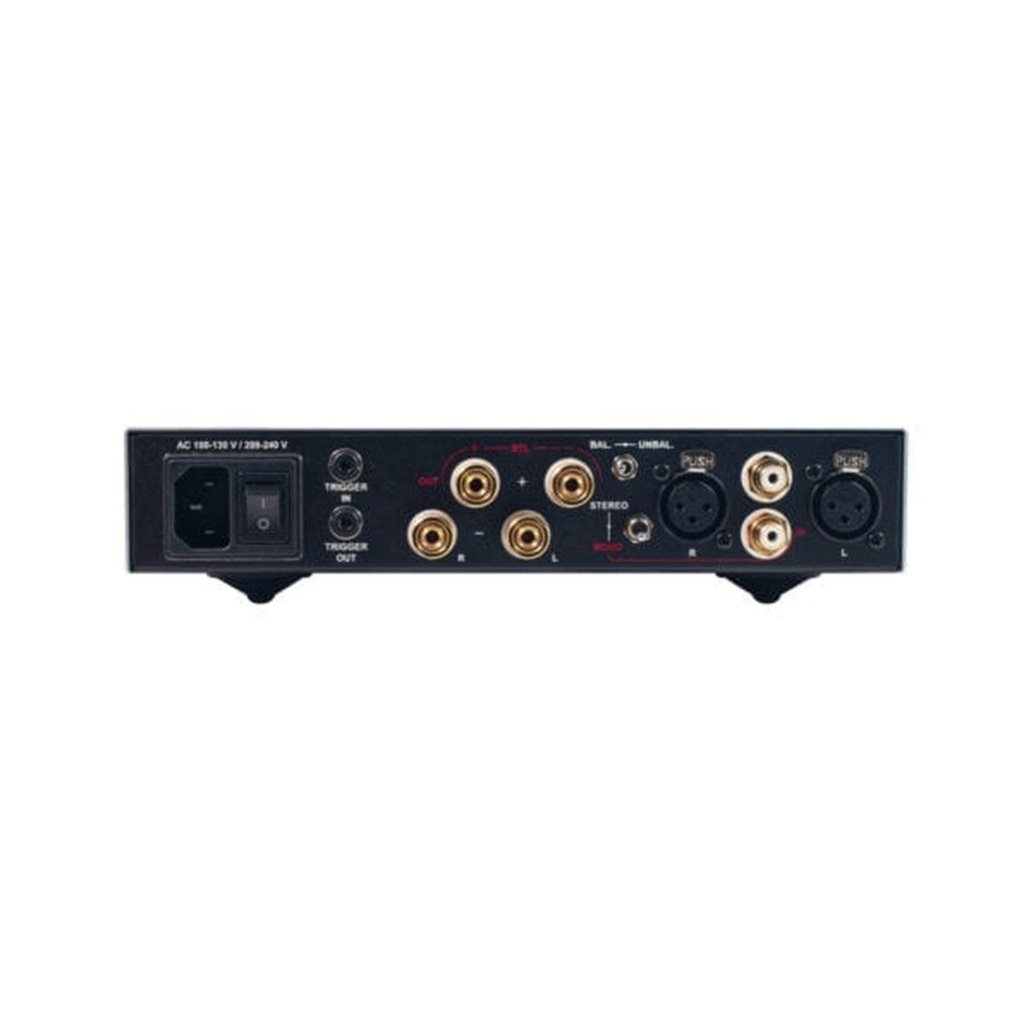 NuPrime STA-9X Stereo-Endstufe Rückansicht mit Lautsprecherklemmen, Cinch- und XLR-Eingang