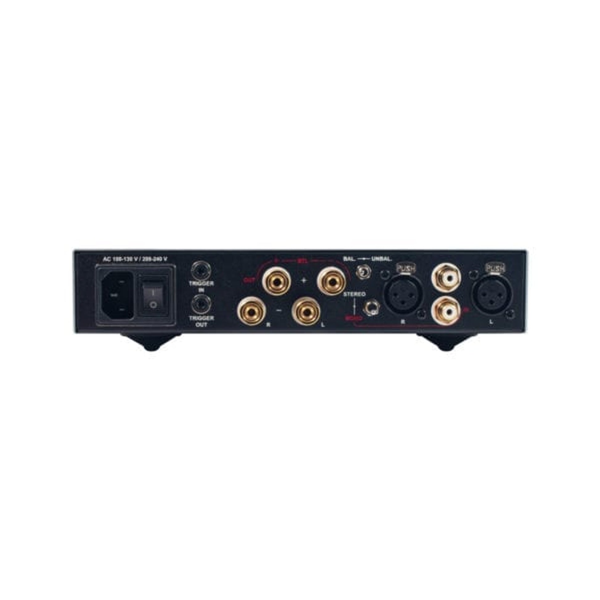 NuPrime STA-9X Stereo-Endstufe Rückansicht mit Lautsprecherklemmen, Cinch- und XLR-Eingang