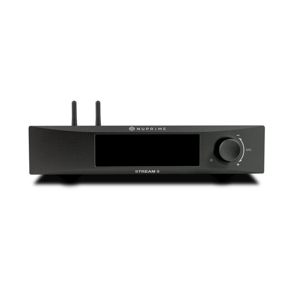 NuPrime Stream 9X Netzwerk-Streamer Frontansicht mit Display und Lautstärkeregler in Schwarz