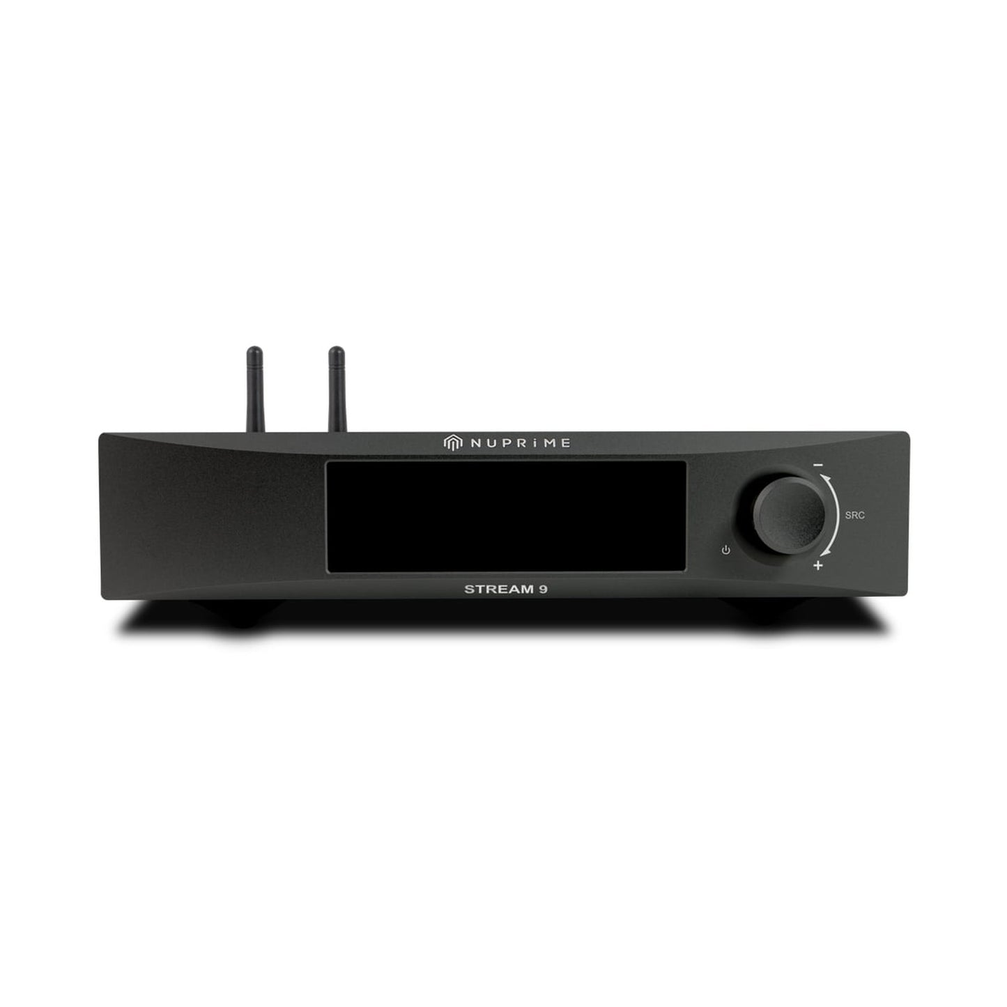 NuPrime Stream 9X Netzwerk-Streamer Frontansicht mit Display und Lautstärkeregler in Schwarz