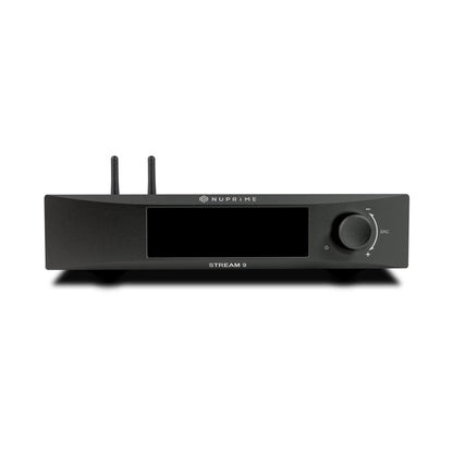 NuPrime Stream 9X Netzwerk-Streamer Frontansicht mit Display und Lautstärkeregler in Schwarz