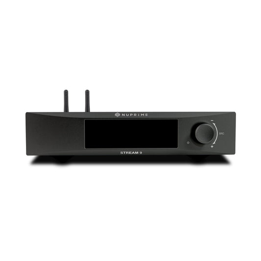 NuPrime Stream 9X Netzwerk-Streamer Frontansicht mit Display und Lautstärkeregler in Schwarz